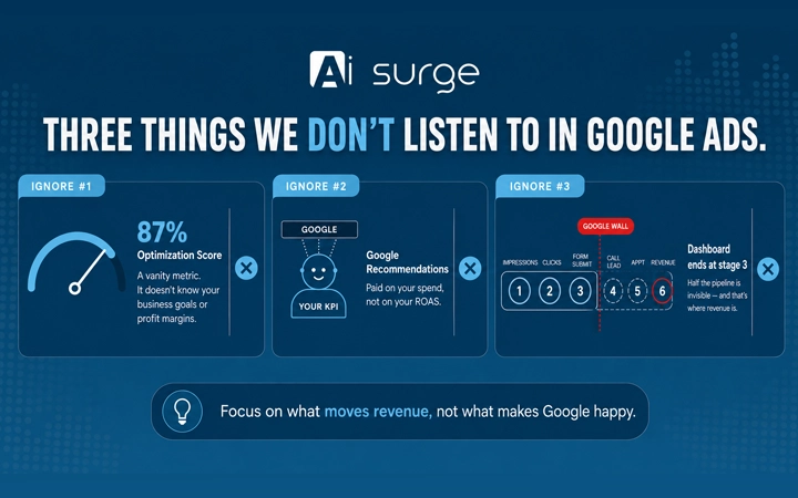 Ai Surge infographic showing three things to avoid blindly following in Google Ads: Optimization Score, Google recommendations, and dashboards that stop at lead generation instead of tracking appointments, patient visits, and revenue.